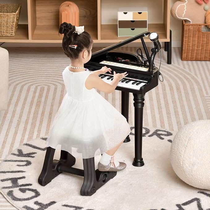 Costzon Kids Piano, 31 Key Mini Grand Piano Toy Keyboard with Microphone, Stool & Lights, Portable Electronic Piano Educational Musical Instrument Toy, Birthday Gift for Toddler Boys Girls (Black)