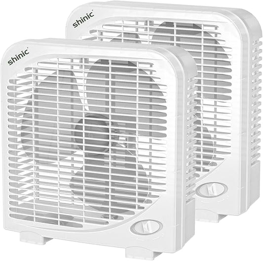 shinic 2 Packs 10" Tabletop Box Fan, 2 Speeds, Quiet Table Fans with Strong Airflow, Energy Efficient Small Box Fan, Portable Kitchen Exhaust Fans for Bedroom Bathroom Office Dorm Workshop, White