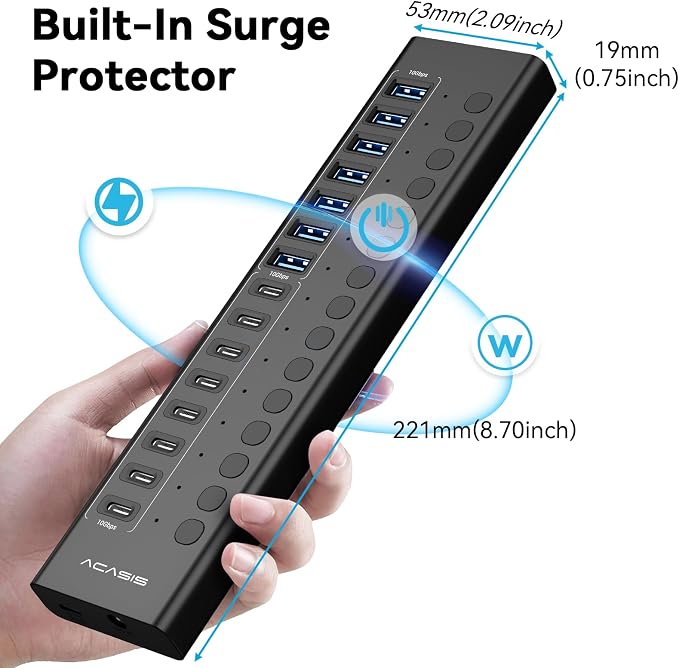 Powered USB 3.2 Hub, ACASIS 16 Ports USB 3.2 Hub(8 USB-A 3.2 Ports+8 USB-C 3.2 Ports), Aluminum USB Hub Powered with 96W Power Adapter, USB Hub for PC/Laptop, Computer, Flash Drive, Printer, Camera