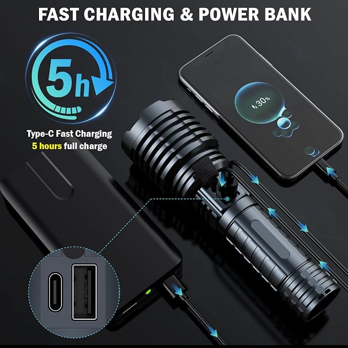 baibian Flashlights High Lumens, 100,000 Lumens Super Bright Flashlight, Rechargeable Handheld Waterproof Tactical LED Flashlights-Zoomable 5 Modes-31H Runtime-Holster for Emergency Camping