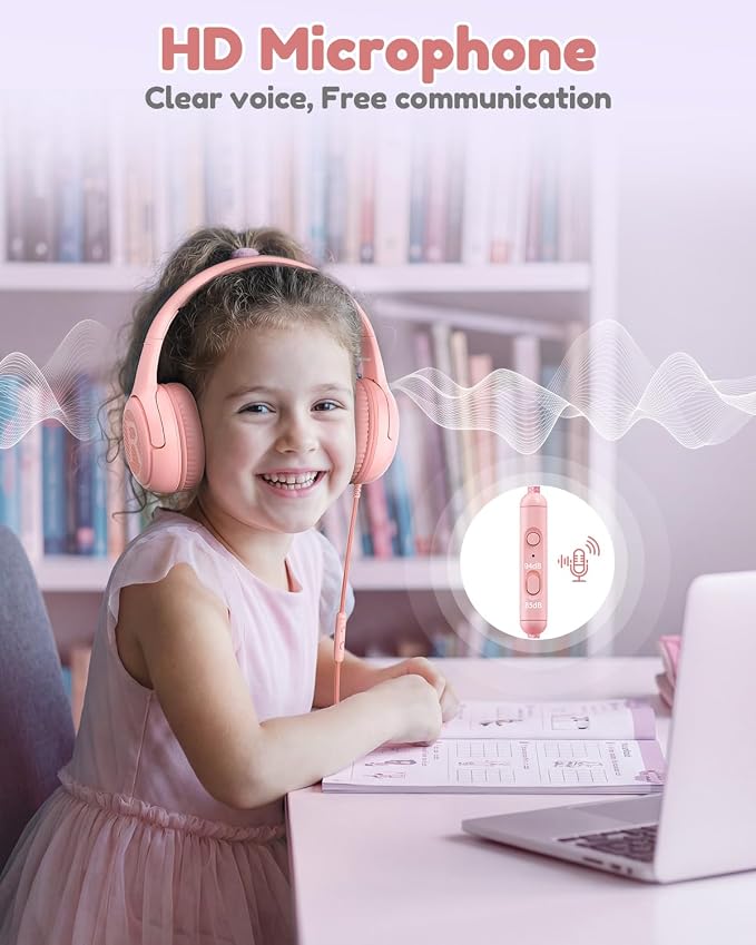 Kids Headphones with Microphone Foldable Stereo Tangle-Free 3.5mm Jack Wired Cord On-Ear Headset for Children/Teens/Boys/Girls/Smartphones/School/Kindle/Airplane Travel/Plane/Tablet (Pink)