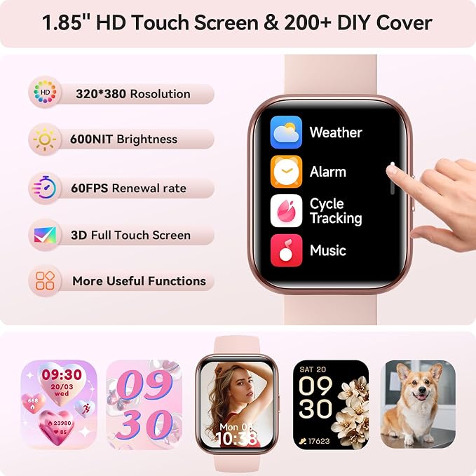 Smart Watches for Women, 1.85" HD Smartwatch Compatible iPhone/Samsung/Android (Answer/Make), Fitness Tracker with Heart Rate/Sleep/SpO2 Monitor, Smart Watch 3ATM Waterproof, 120+ Sport Modes, Alexa