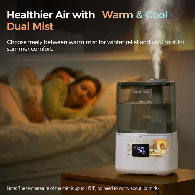 BOXING 4.5L Warm and Cool Mist Ultrasonic Humidifier for Bedroom Large Room, Top Fill Essential Oil Diffuser with Remote, Auto Shut-Off Quiet Sleep Mode, Humidistat, Timer, BPA-Free, 45H Runtime
