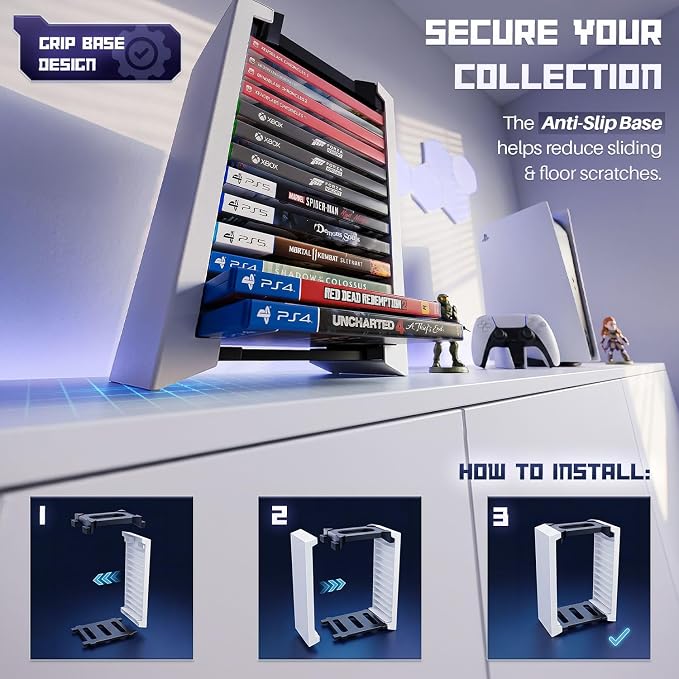 TNP Universal Video Game Storage Tower for PS5, PS4, PS3, Nintendo Switch, Xbox One, Xbox Series S/X - White Video Game Holder Organizer Stand with 12 CD Case Storage for Organizing & Displaying