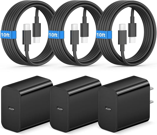 New iPhone 17 16 15 Charger Fast Charging 10FT Long Type C to C Cable with 3 Pack USB C Wall Charger Block Compatible with iPhone 17/17 Pro/17 Pro max/Air, iPhone 16 15 Pro Max/Plus, iPad Pro,Samsung