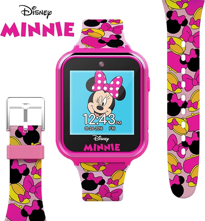 Disney Minnie Mouse Interactive Kids Smartwatch – Touchscreen Watch with Camera, Games, Voice Recorder, Step Tracker, Alarm & Timer – Fun Minnie Design, USB Rechargeable – Fits Wrists 5.5" to 8"