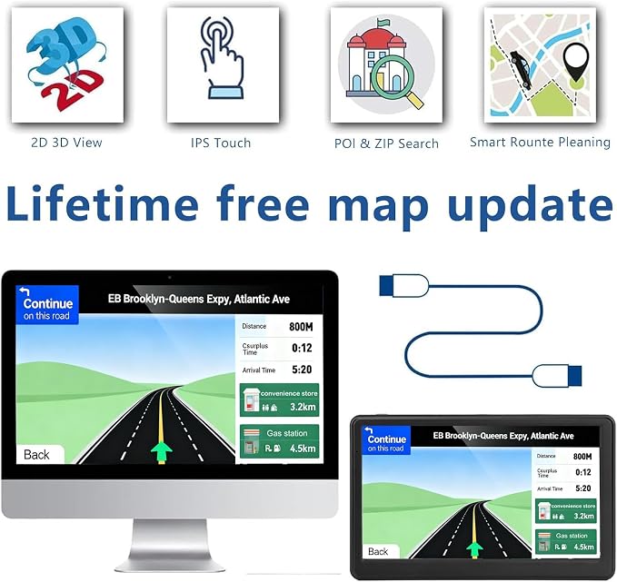 Car GPS Navigation, 7 inch Touch Screen with 2026 Map, Voice Turn Direction Guidance, Support Speed and Red Light Warning, Pre-Installed North America Lifetime Map Free Update