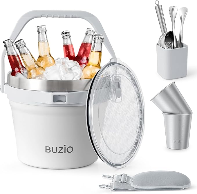 BUZIO 7.4 Qt/7 L Insulated Ice Bucket with Lid, Scoop, Tongs & Metal Cups, 48 Hrs Cold Retention for Party, Stainless Steel Beer Bucket, Holds 6 Longnecks/3 Wine Bottles, for Champagne, White