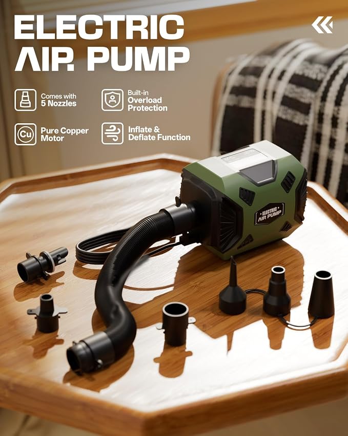 Electric Air Pump for Inflatables: Powerful AC 120V Air Mattress Pump with 5 Nozzles and Hose, Fast Inflation & Deflation for Gymnastics Track Mat, Pool Float, Raft