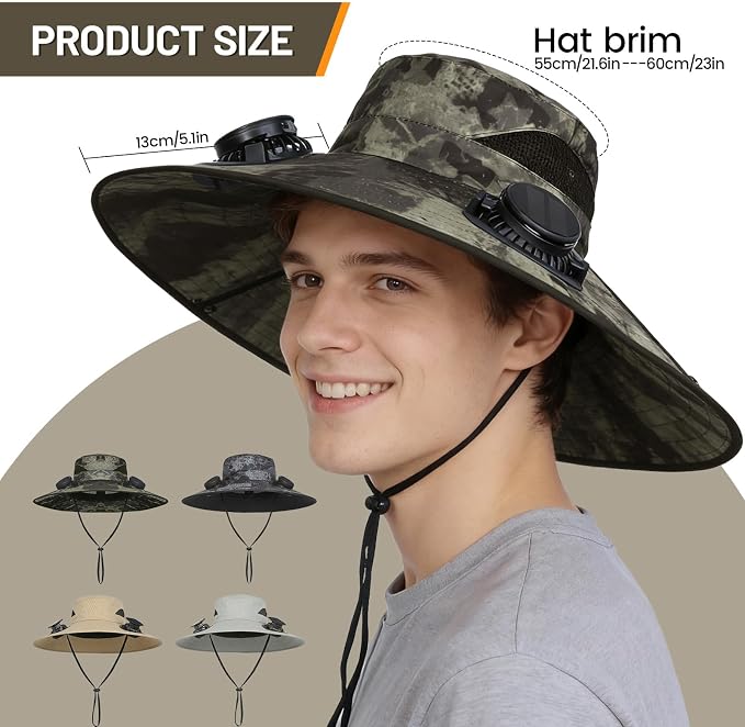 Solar Fan Hat, Wide Brim Sun Hat with 2 Built-in Solar Fans, UPF 50+ Sun Protection Outdoor Fishing Hiking Camping Beach