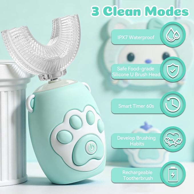 Kids U Shaped Electric Toothbrush for Age 2-12, Rechargeable Toddler Toothbrush with Smart Timer & 3 Clean Modes, Cat's Claw Design, IPX7 Waterproof, 3 Brush Heads & 360°Cleaning