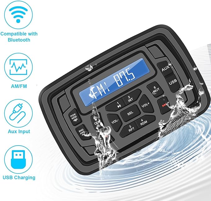 Marine Stereo Radio FM/AM USB for ATV UTV RZR XP900 Motorcycle Boat Golf Cart Truck SPA Powersports Car Vehicles Headunit Sound System Compatible with Bluetooth