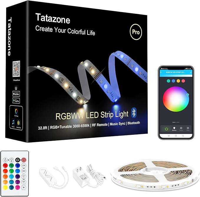 Tatazone RGBWW Bluetooth LED Strip Lights, 32.8ft Tunable White 3000K to 6500K+RGB Led Light Strips, Music Sync Color Changing Indoor LED Rope Lights with App and Remote for Kitchen, Bedroom, TV