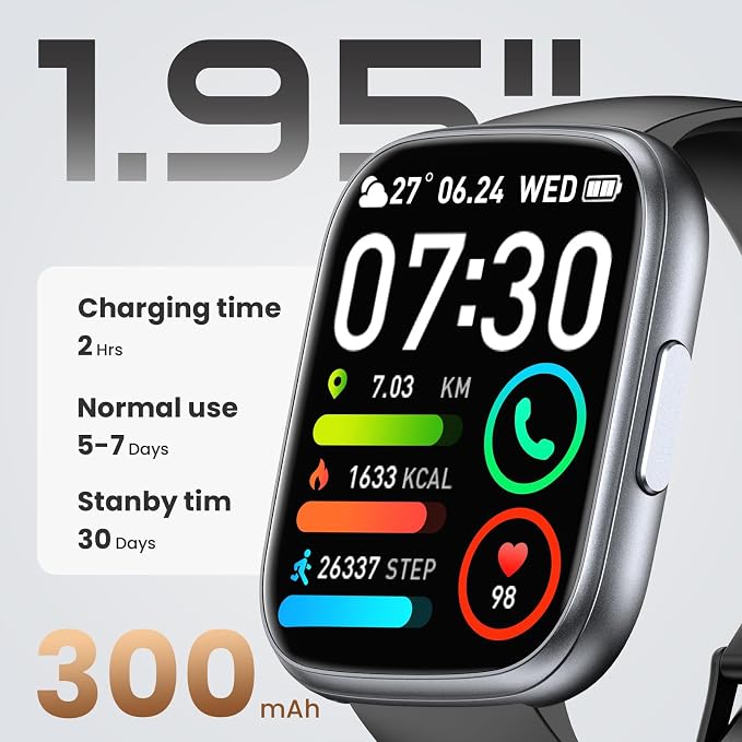Smart Watch for Men Women (Answer/Make Call), 1.95" Touch Screen Fitness Watch with Heart Rate/Sleep Monitor, IP68 Waterproof Smartwatch for Android iOS, Activity Tracke with 120+ Sports Modes, Black