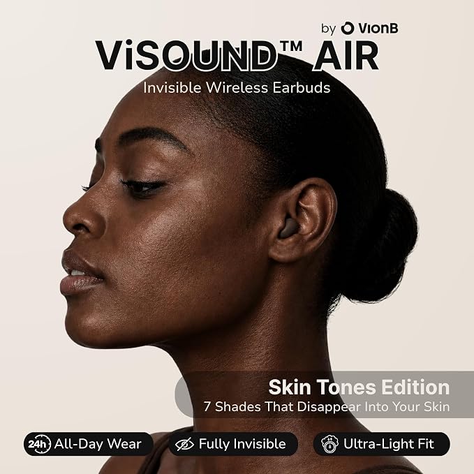 Air VionB Skin Tones Invisible Earbuds for Small Ears - Wireless Bluetooth 5.4, Skin-Matching Mini Stemless Ear Buds, IPX5 Waterproof, ENC Noise Cancelling, Discreet for Work (Deep Espresso)