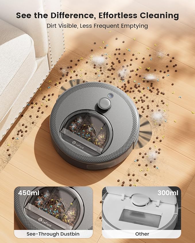 Lefant LiDAR Robot Vacuum and Mop, Smart Mapping and Obstacle Avoidance, Tangle-Free Pet Hair, 2.4G/5G WiFi App Control, Slim Design for Wider Coverage, Carpet Detection, M330 Pro, Grey