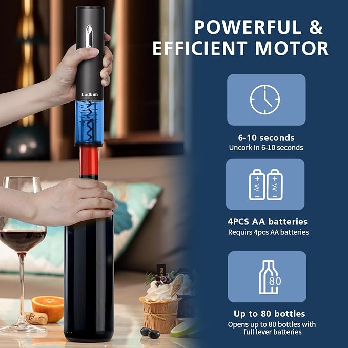 5-in-1 Electric Wine Opener Set, Automatic Batter Powered Corkscrew Kit Includes Wine Aerator Pourer & 2 Vacuum Stoppers, Foil Cutter, Ultimate Cordless Auto Wine Bottle Opener Gift Set