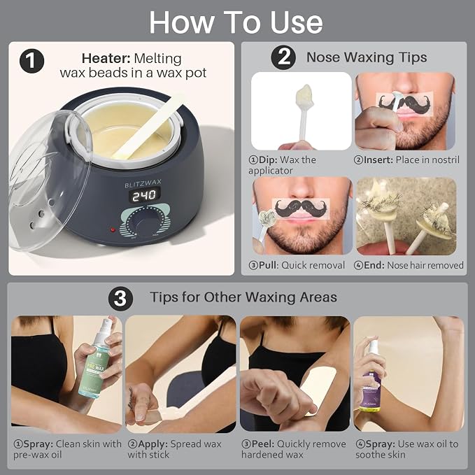 BLITZWAX Back and Nose Waxing Kit for Men, Hard Wax Warmer for Brazilian, Body and Face, At Home Hair Removal Kit, Beginner Friendly, Quick Heating, 93 Accessories, Charcoal Grey