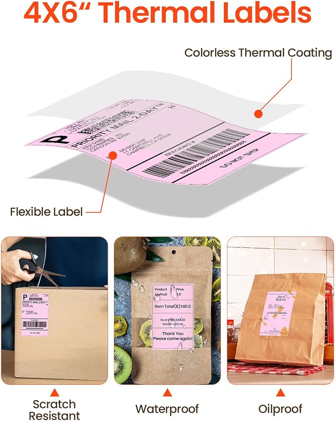 Phomemo Portable 4 Inch Label Printer with Pink 4X6'' Thermal Shipping Labels 500PCS
