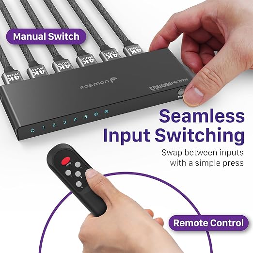 Fosmon 5-Port HDMI 4K Switch with Remote, Support 4K@60Hz HDCP 2.2 High Speed 18Gbps 5 in 1 Out Auto-Switching 5x1 HDMI 2.0 Switcher Splitter Hub Compatible with PS5, Xbox X, Apple TV