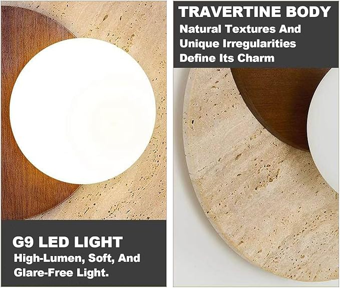 Marble Wall Lamp, Bathroom Vanity Light Fixtures, Wall Mount Lamp, Over Mirror, Stone Wall Sconces, Vintage Wall Light with Wood and Stone Shade, for Porch Workshop Kitchen Living Room