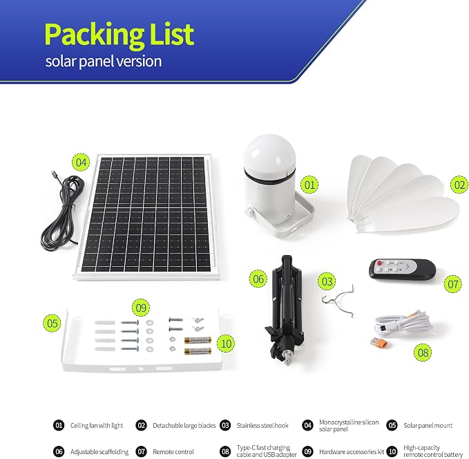 Solar Ceiling Fan with Light, 10800mAh Rechargeable Battery & 15W Solar Panel, DC Brushless Quiet Fan, RF Remote Control, for Gazebo, Patio, Camping Tent, Garage, RV, Emergency Use