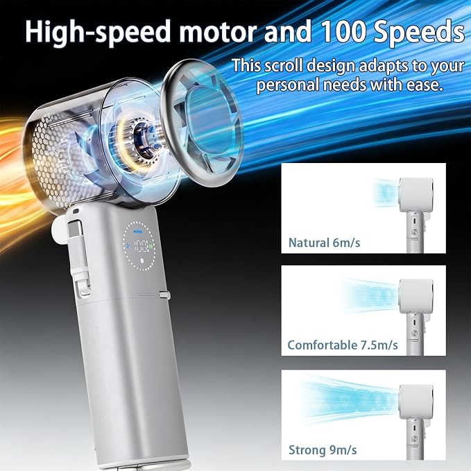 Portable Handheld Fan, 9000mAh Small Turbo Hand Held Fan, Doubles as Power Bank, Build-In Retractable Wire, 100 Speed Scroll Wheel, Personal Rechargeable Fan for Travel & Outdoor - Sliver White