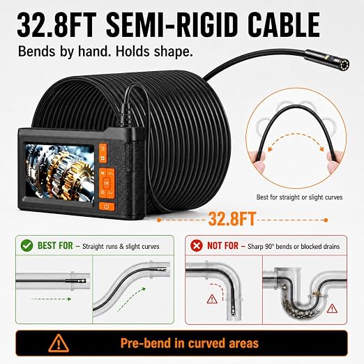 33FT Dual Lens Endoscope Camera with Light, 4.3" Borescope with Photo/Video(Built-in 32GB Card), IP67 Waterproof with 8 LED Lights, Semi-Rigid Snake Cable for Pipe, Engine & HVAC Inspection