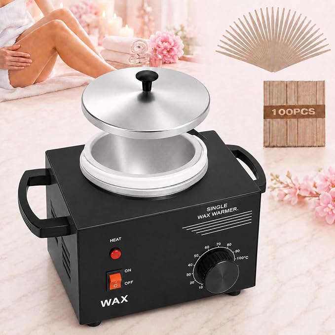 Electric Wax Warmer Machine for Body Hair Removal Hot SPA Aluminum Heater with Wooden Wax Sticks-Single Pot (Black)