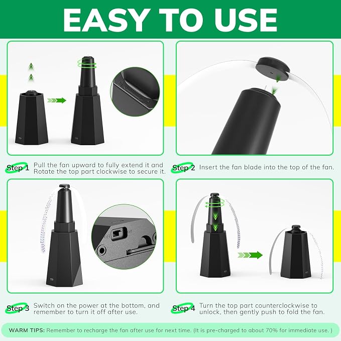 4-Pack Rechargeable Fly Fans for Tables Up to 10-Hour Working Time, Indoor Outdoor Mute Food Fans to Keep Flies Away, Retractable Table Fans with Hook for Home Restaurant Party Picnic Patio, Black