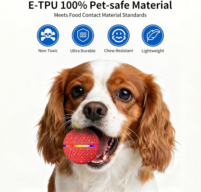 Interactive Automatic Dog Ball, Self-Moving Rolling Toy for Dogs, Chew Resistant E-TPU Material, IPX7 Waterproof, USB-C Rechargeable, Smart Vibration Sensor, Indoor & Outdoor (Red)