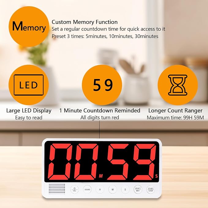 Digital Kitchen Timer - 7.1” Extra Large Display LED Magnetic Rechargeable Countdown/Up Timer, with 6 Alarms 4 Levels Volume Memory Function for Cooking, Classroom, Office, Home Gym (White)