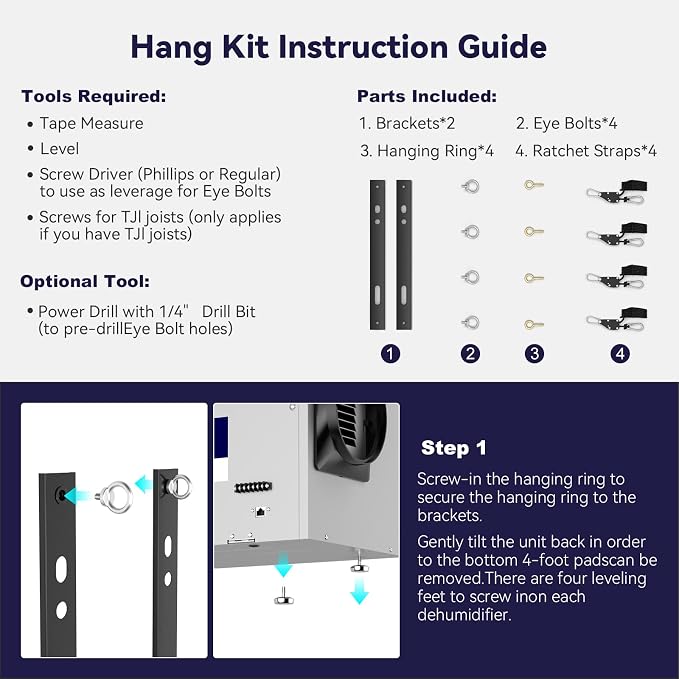 BaseAire Dehumidifier Hanging Kit for Crawl Space & Basement Dehumidifiers Airwerx 35P/55/ 65X/ 90/ 90X/ 100X/ 120X, Easy Way to Raise and Lower Dehumidifier, Helps Reduce Noise and Vibration of the