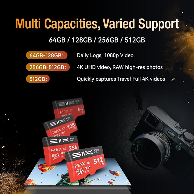 SIX M200 256GB Micro SD Card Read Up to 190MB/s for 4K UHD Continuous Recording - A2, U3, V30 microSDXC Memory Card 256GB with Adapter for Action Cameras, Drones, Gaming Consoles, Dash Cams, Phones