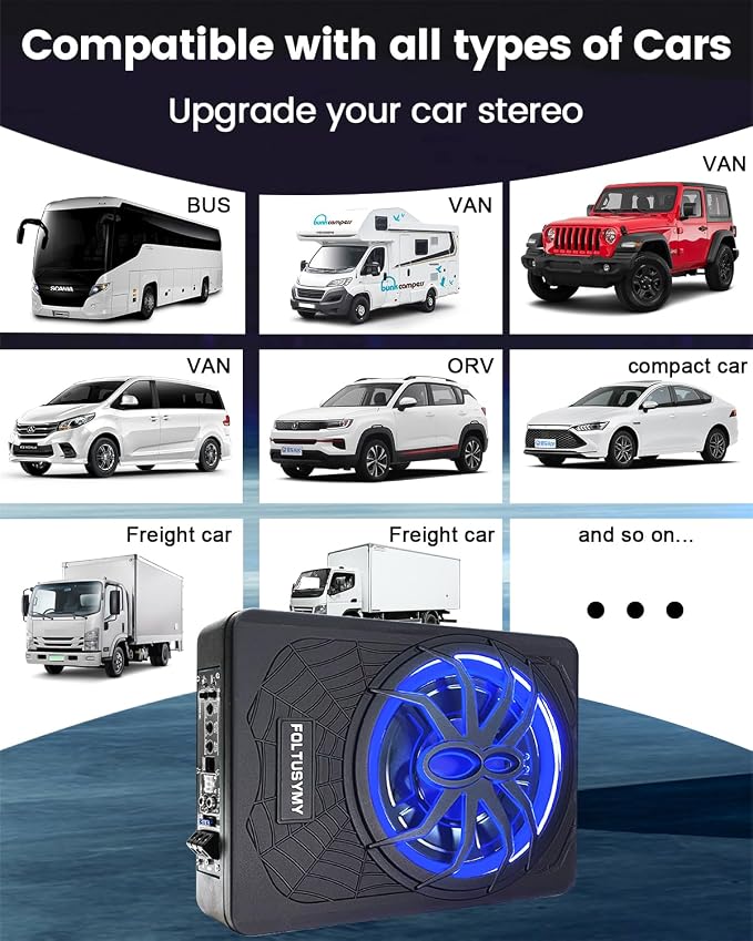 FOLTUSYMY 1200W 10" Slim Under Seat Powered Car Subwoofer, High/Low Level Input, Car/Truck Audio Sub Built-in Amplifier amp Combo Package, with Blue LED Light