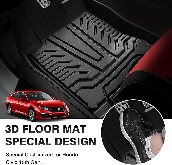 T TGBROS Floor Mats for Honda Civic 2016-2021 Coupe/Hatchback/Sedan,Custom Fit Civic All Weather Floor Mat Liners,TPE 3D Carpet Mat Civic Interior Accessories,1st & 2nd Row Liners, Black