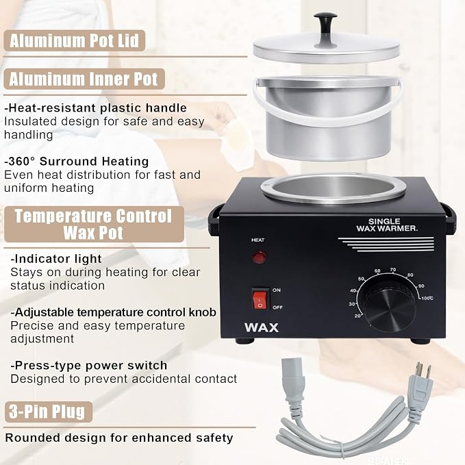 Electric Wax Warmer Machine for Body Hair Removal Hot SPA Aluminum Heater with Wooden Wax Sticks-Single Pot (Black)