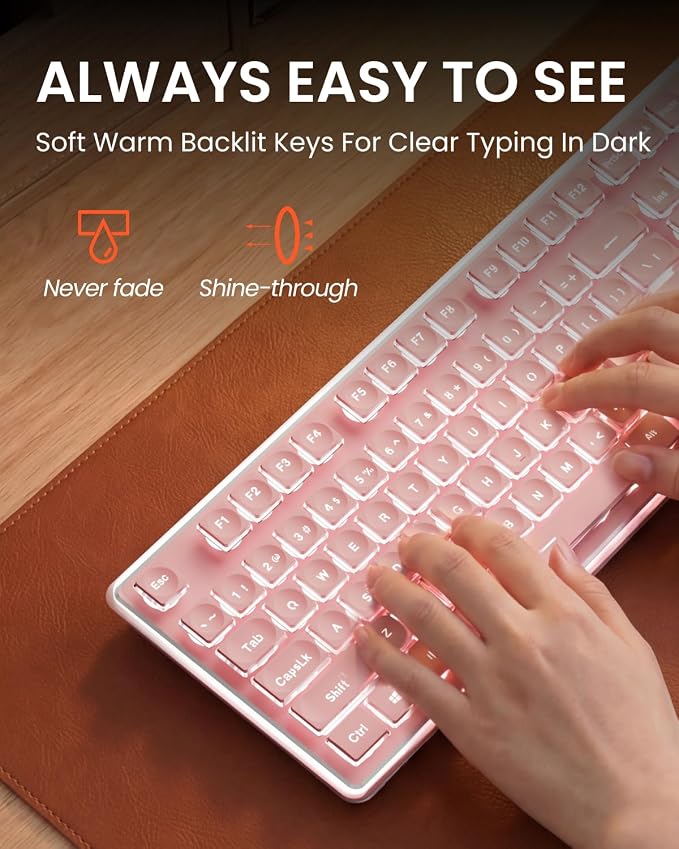 Wireless Keyboard and Mouse Combo with White Backlit Pudding Keycaps, Bluetooth & 2.4G, 2000mAh Rechargeable, Full Size, Metal Panel Quiet Computer Keyboard Set for Windows PC Desktop - Pink