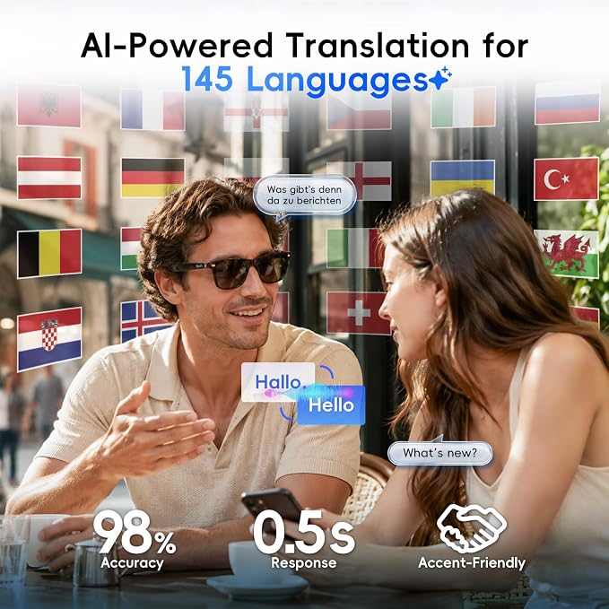 GetD AI Glasses for Men & Women, Smart Glasses Powered by ChatGPT, Bluetooth Glasses for AI Translation 147 Languages, Polarized Lens, AI Meeting Memos and AI Dialogue, 11H, UV Protection Sunglasses