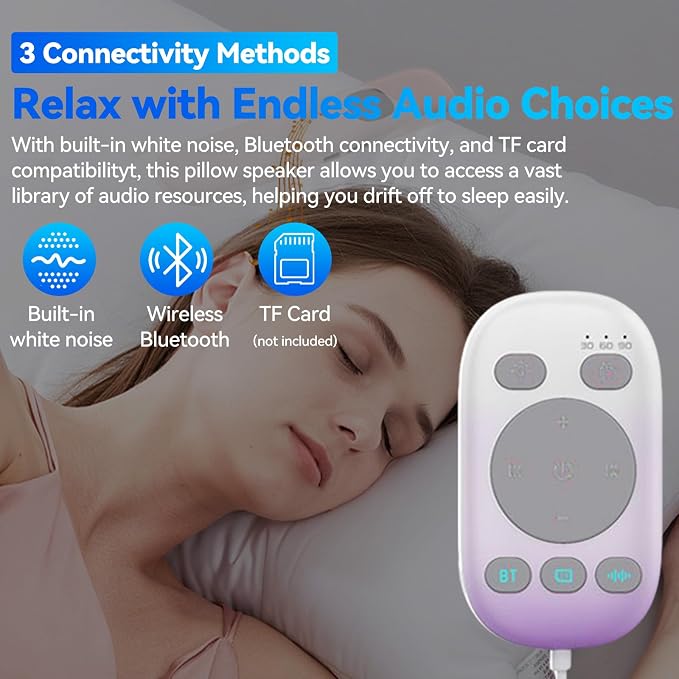 Pillow Speaker with Remote for Sleeping - Bone Conduction Speaker with 36 Built-in White Noise, Silent Bluetooth Speakers Under Pillow, Portable Sleep Bar (without TF Card, Purple to White