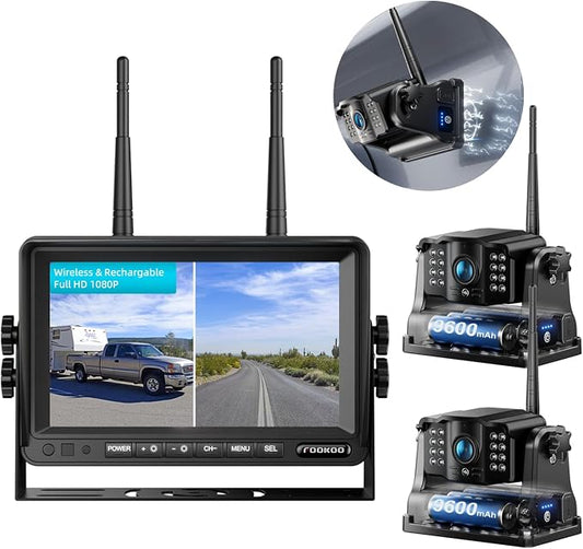 Fookoo HD Magnetic Wireless Backup Camera, 1080P 7" Dual Split Monitor & Rechargeable Rear View Cameras, Lower Consumption 1-Min Installation No Drilling Recording for RV Trailer Truck Camper DCX702