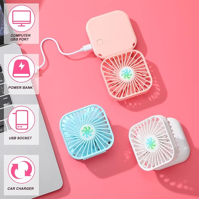 Hortsun 12 Pcs Mini Handheld Fan Bulk Portable Personal Neck Fan Small Foldable Hands Free with USB Rechargeable Gifts for Travel Summer Concerts Vacation Outdoor 3 Speed(Pink)