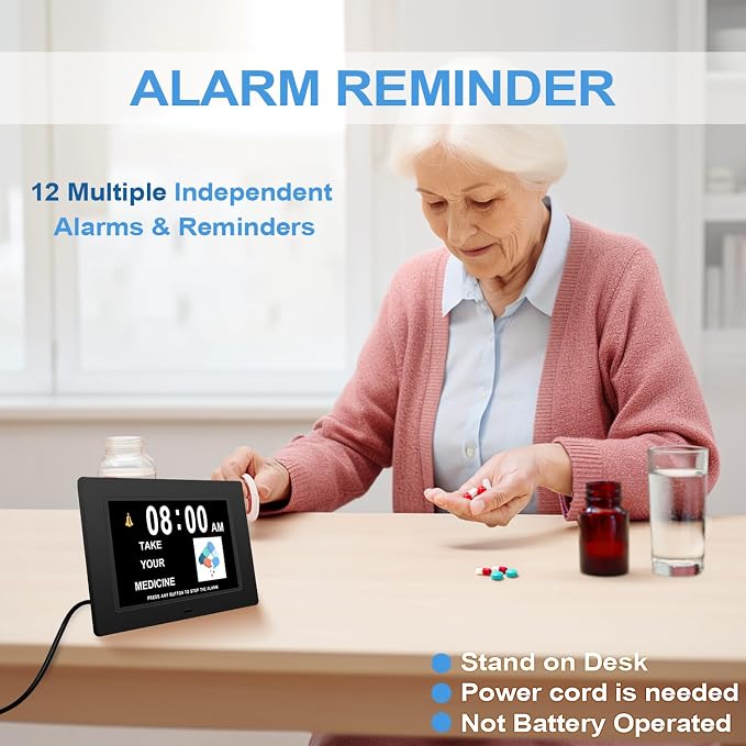 JALL 7" Large Digital Calendar Day Clock for Seniors 2026 - Easy to Read Alzheimer's Dementia Memory Loss Clock for Elderly with IPS Wide Angle，Day & Date, 12 Custom Alarms & Auto-Dimming, Black