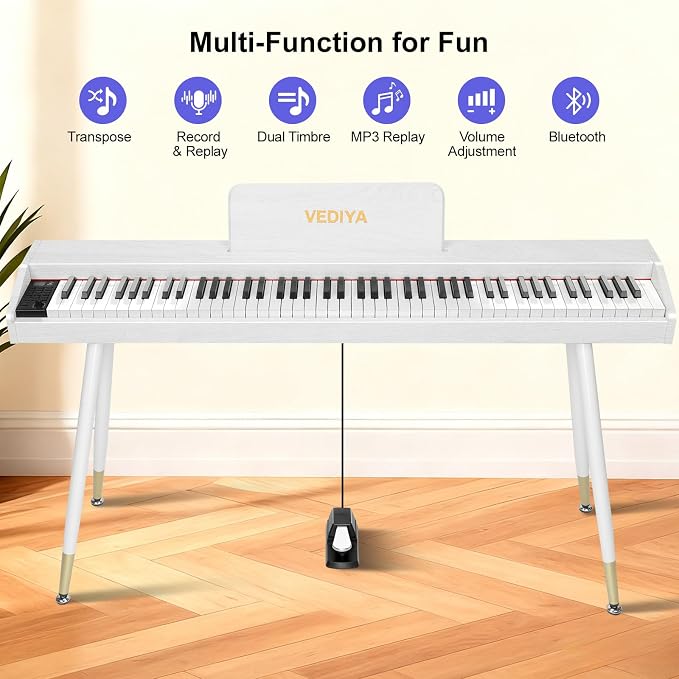 Digital Piano Keyboard 88 key,Semi-Weighted Electric Piano,Full Size Acoustic Piano for Beginners with Pedal, USB-MIDI Compatibility (White)