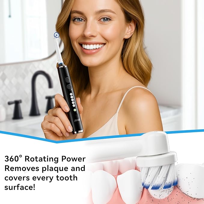 SEAGO Rotating Electric Toothbrush for Adults - 8 Replacement Heads (4 Soft/4 Hard), IPX7 Waterproof, 5 Modes with Memory Function, 2-Minute Timer, USB Type-C Rechargeable (SG-2607-Black