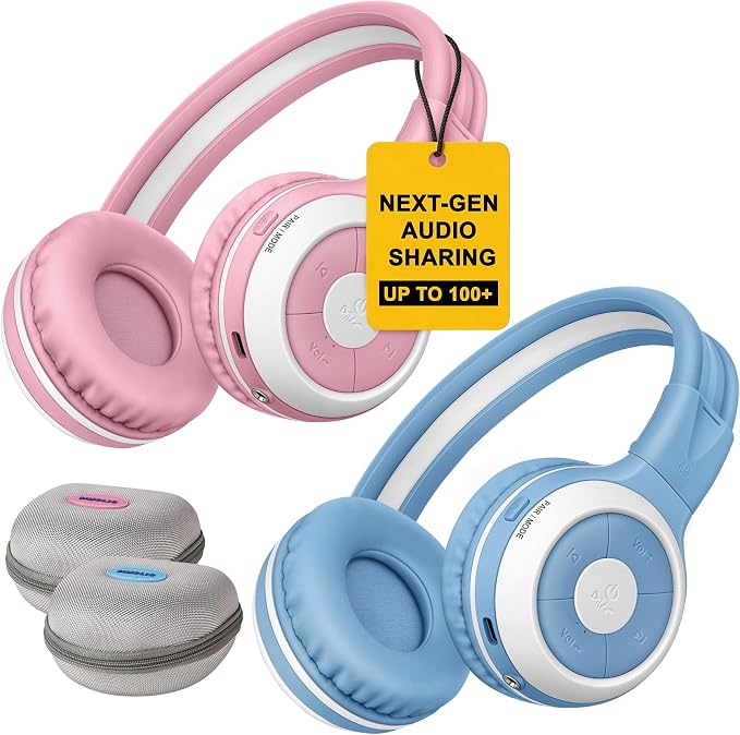 SIMOLIO Manyshare Series- Wireless Audio Sharing Kids Headphones for Group Listening, Compatible w/Any Single Bluetooth Device for Family/School/Travel, Movies/Music, AuraCast-Enabled, Built-in Mic