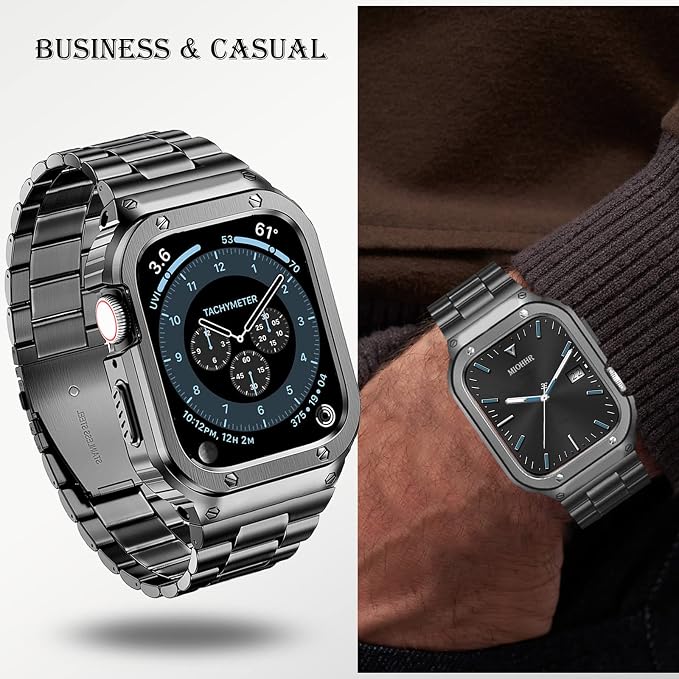 MioHHR Stainless Steel Band and Case Compatible with Apple Watch Band 44mm 42mm (Series 3/2/1), Men Metal Protective Bumper Cover for iWatch Series 6/5/4/3/2/1/SE/SE2/SE3, Space Gray