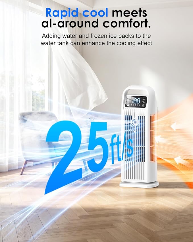 Portable Air Conditioner, 4 in 1 Evaporative Air Cooler with Remote Control, 1200ML Water Tank, 120 Oscillating, 4 Speeds, 12H Timer, Mist Spray Tower Fan for Home Office, White