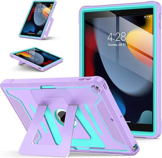 Soke Case for iPad 9th/8th/7th Generation 10.2-Inch (2021/2020/2019 Release), with Screen Protector and Multi-Angle Kickstand, Rugged Full Body Heavy Duty Protective Cover - Purple Green