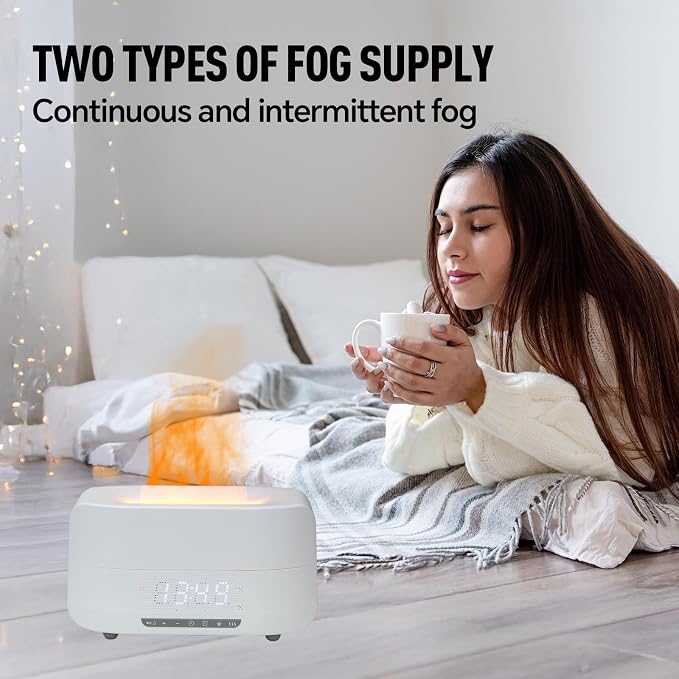 Aroma Essential Oil Diffuser & Humidifier 400mL, 5-in-1 Flame Effect Ultrasonic Diffuser with Bluetooth Speaker, LED Night Light & Clock, Quiet Diffuser for Bedroom Sleep Relaxation(Black)